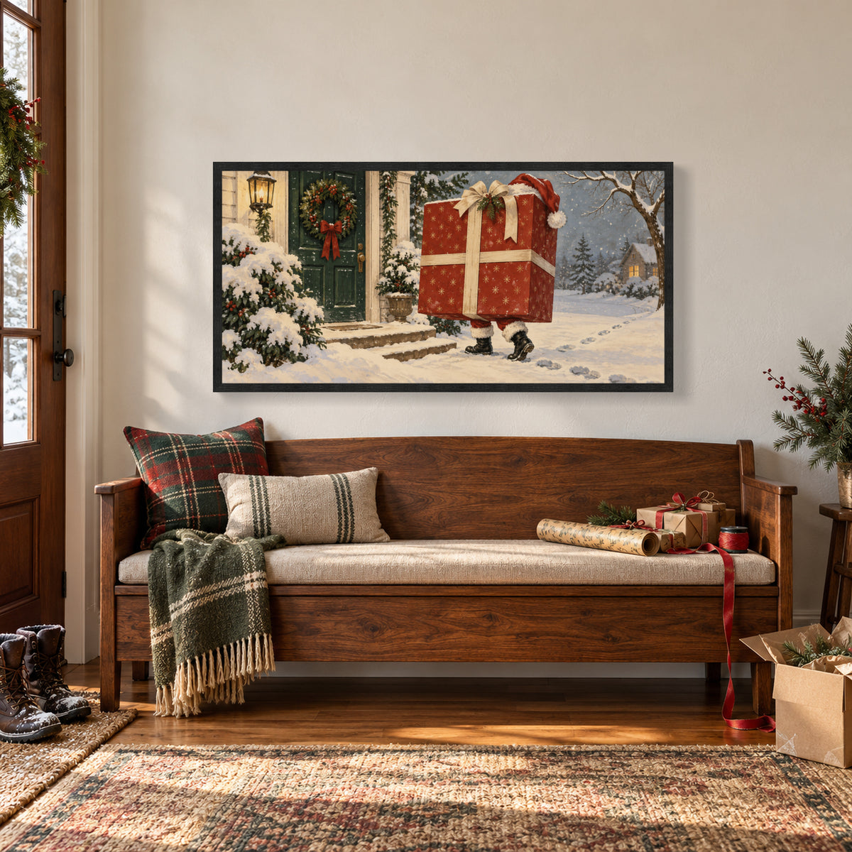 The Gift That Walked to the Door — Black Wood Framed Christmas Canvas Wall Art — 氛围首图 — Image 1