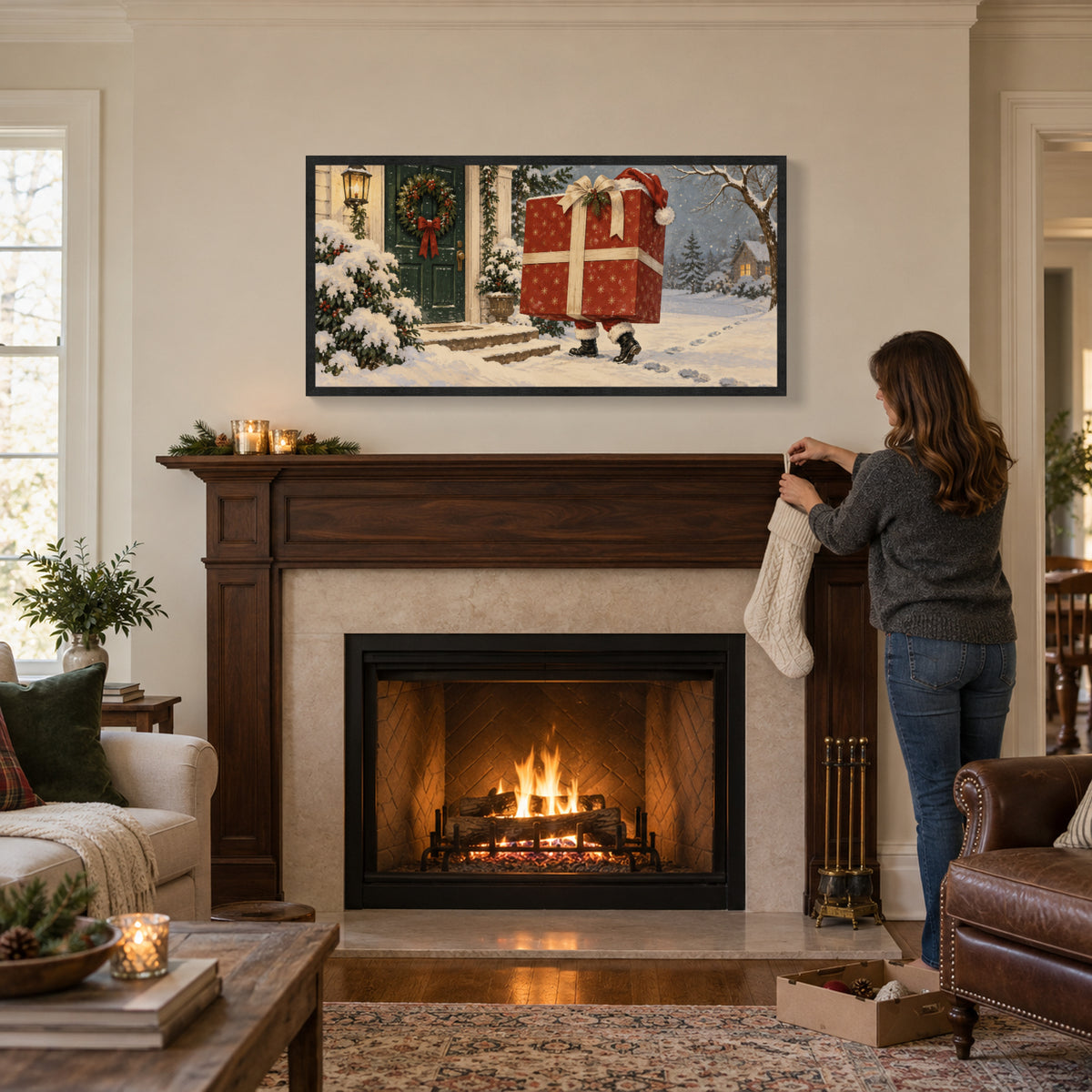 The Gift That Walked to the Door — Black Wood Framed Christmas Canvas Wall Art — 壁炉前挂袜 — Image 3