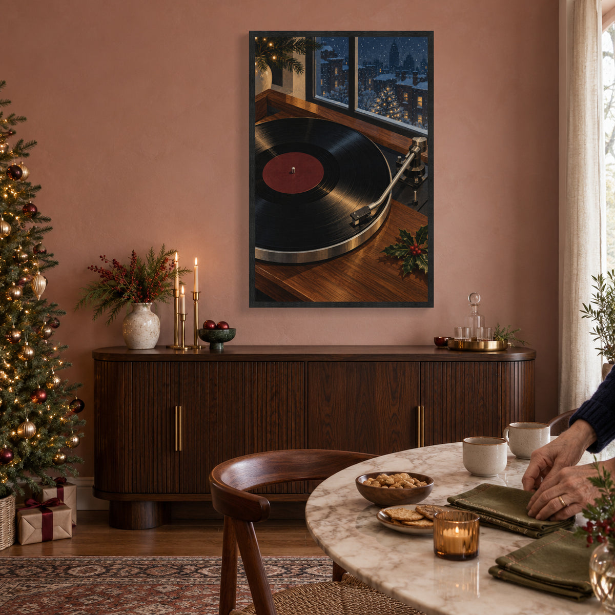 Christmas Night on Vinyl — Black Wood Framed Christmas Canvas Wall Art — 餐前的音乐 — Image 3