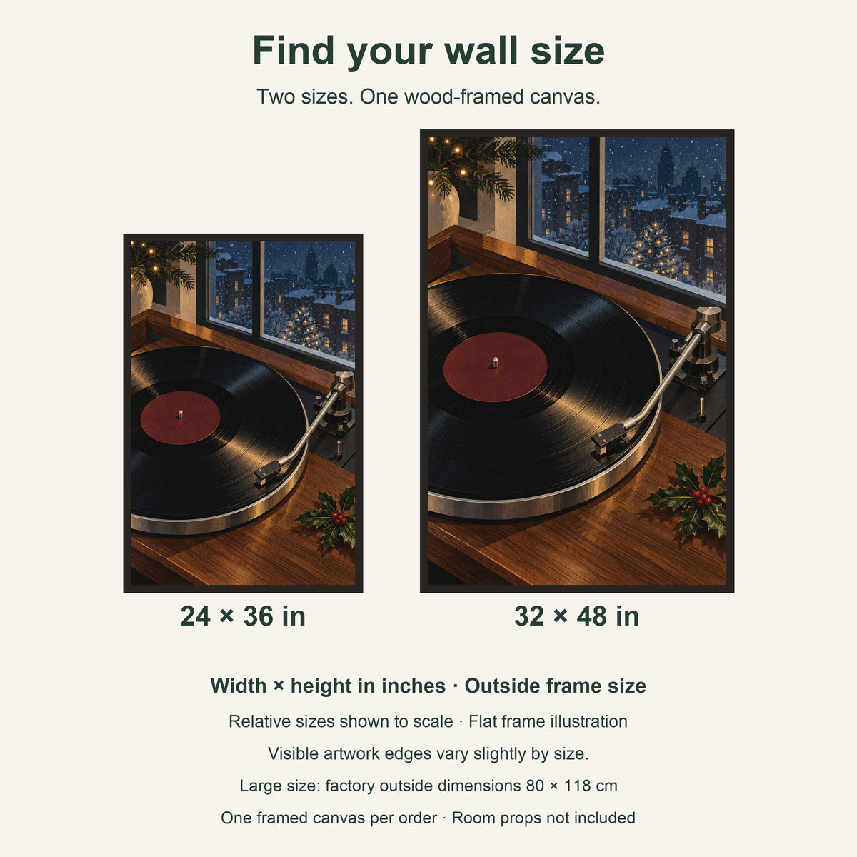 Christmas Night on Vinyl — Black Wood Framed Christmas Canvas Wall Art — artwork size comparison, width × height in inches — Image 8