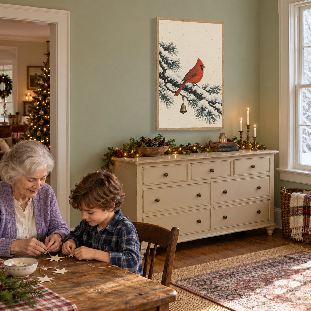 A Cardinal After the Snow — Light Wood Framed Christmas Canvas Wall Art — 祖孙穿纸星 — Image 2