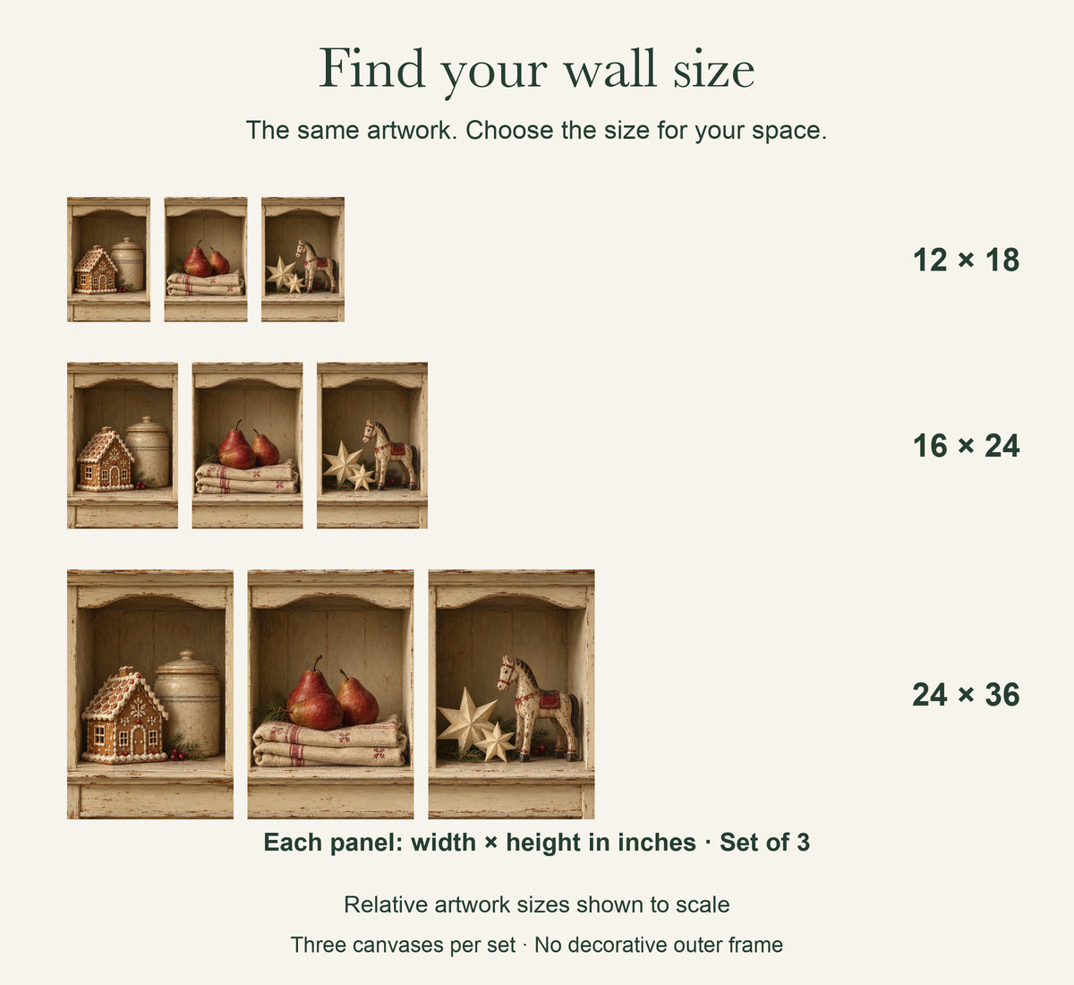 Christmas in the Cupboard — Christmas Canvas Wall Art Set of 3 — artwork size comparison, width × height in inches, dimensions per panel, set of 3 — Image 8