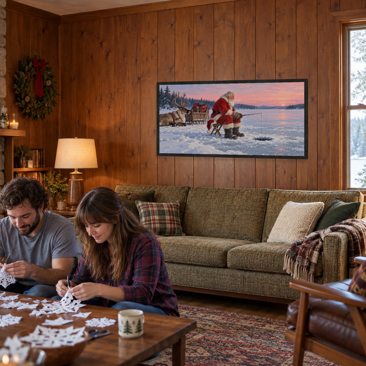 Santa Takes a Fishing Break — Black Wood Framed Christmas Canvas Wall Art — Second lifestyle view of the complete framed canvas — Image 2