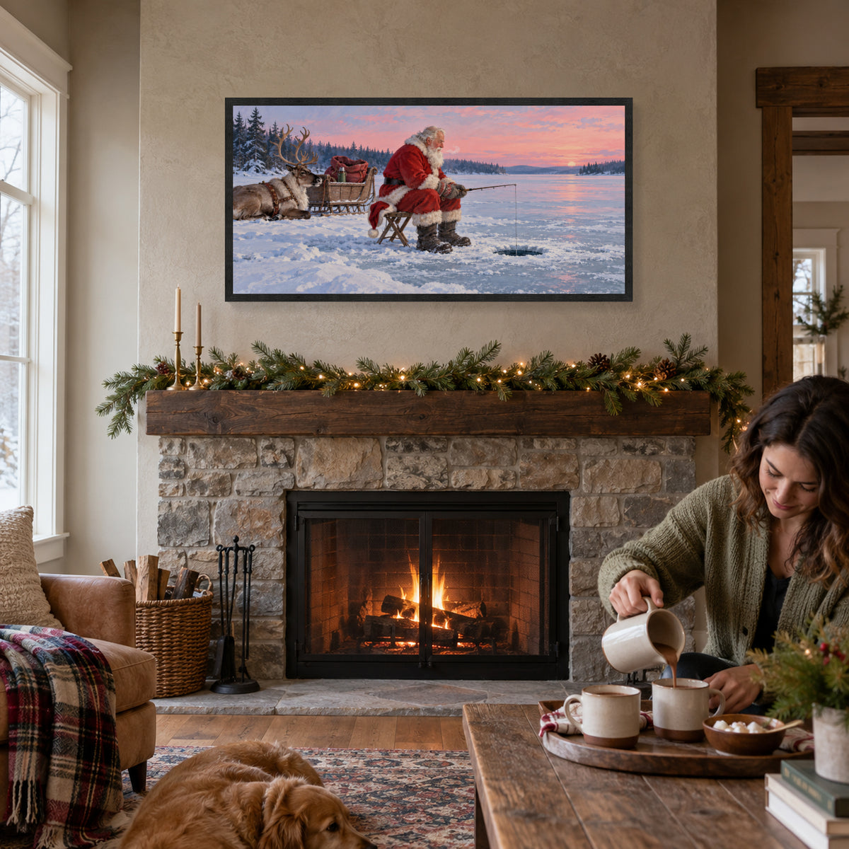 Santa Takes a Fishing Break — Black Wood Framed Christmas Canvas Wall Art — Third lifestyle view of the complete framed canvas — Image 3