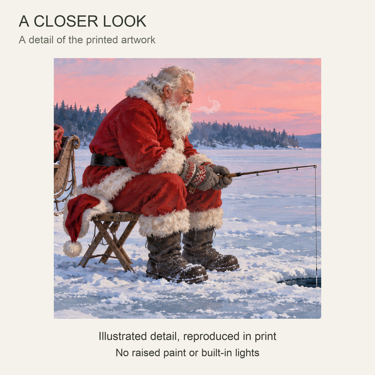 Santa Takes a Fishing Break — Black Wood Framed Christmas Canvas Wall Art — Close-up crop of the printed artwork — Image 4