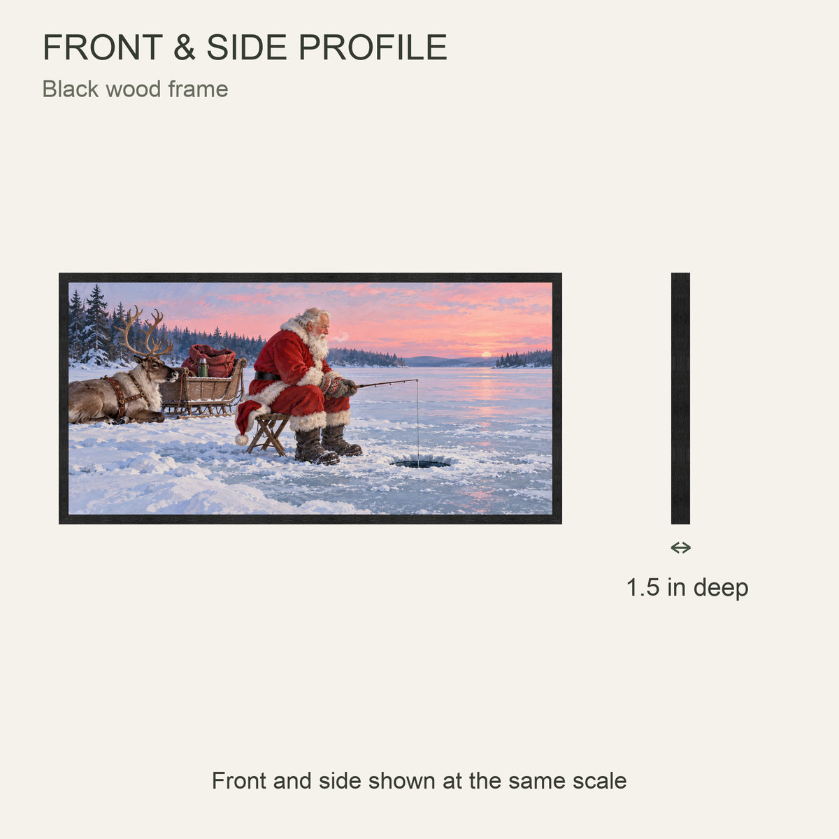 Santa Takes a Fishing Break — Black Wood Framed Christmas Canvas Wall Art — Front and side profile with 1.5-inch depth — Image 5
