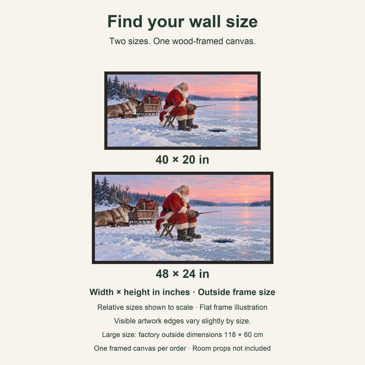 Santa Takes a Fishing Break — Black Wood Framed Christmas Canvas Wall Art — artwork size comparison, width × height in inches — Image 8