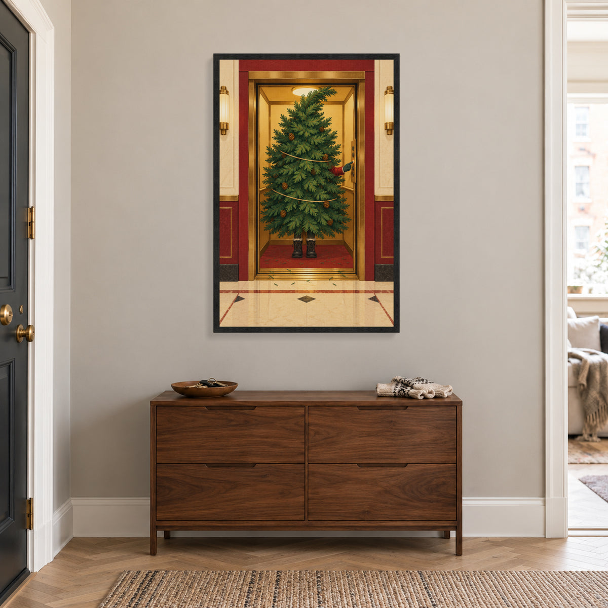 The Christmas Tree Takes the Elevator — Black Wood Framed Christmas Canvas Wall Art — Styled room view showing the complete framed canvas — Image 1