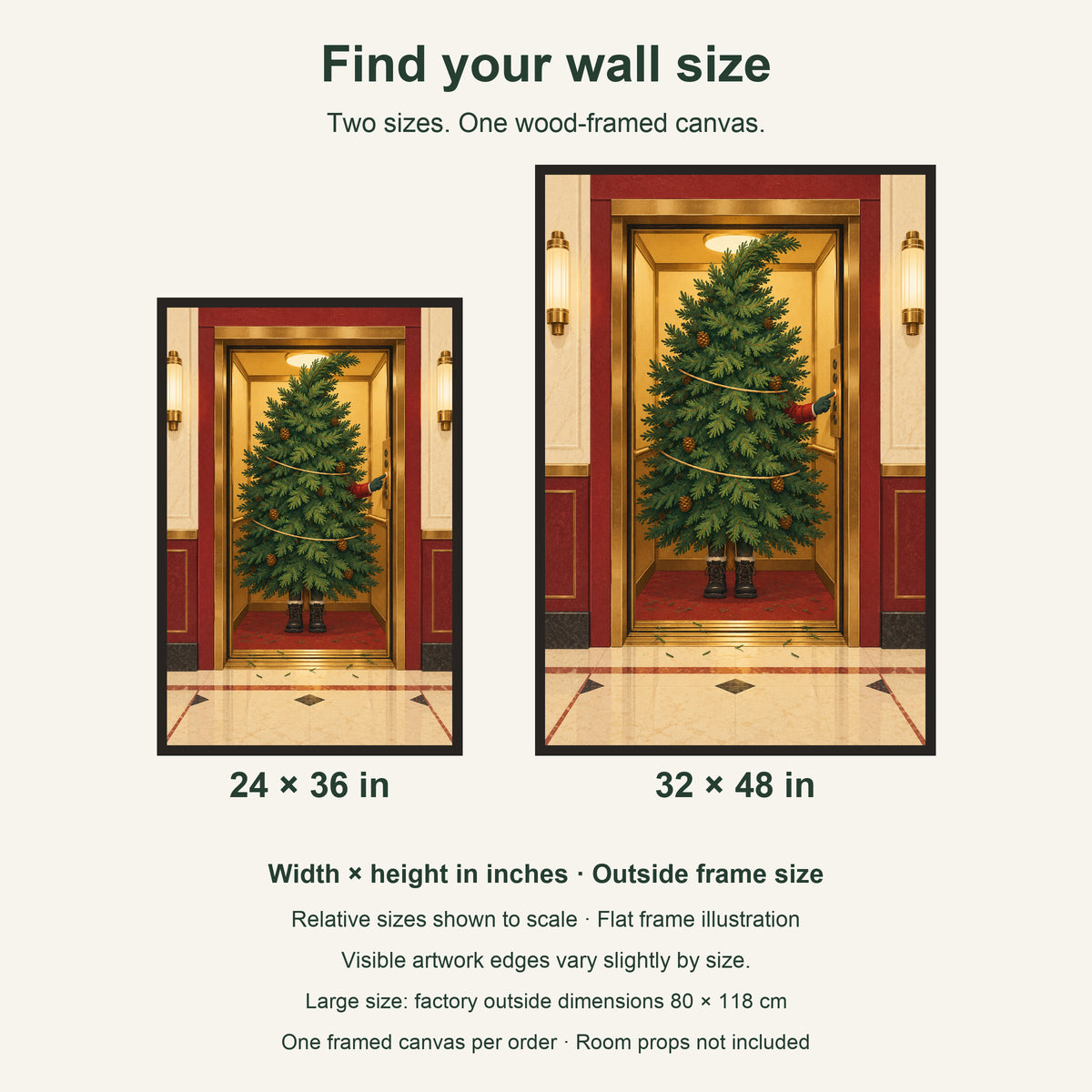The Christmas Tree Takes the Elevator — Black Wood Framed Christmas Canvas Wall Art — artwork size comparison, width × height in inches — Image 8