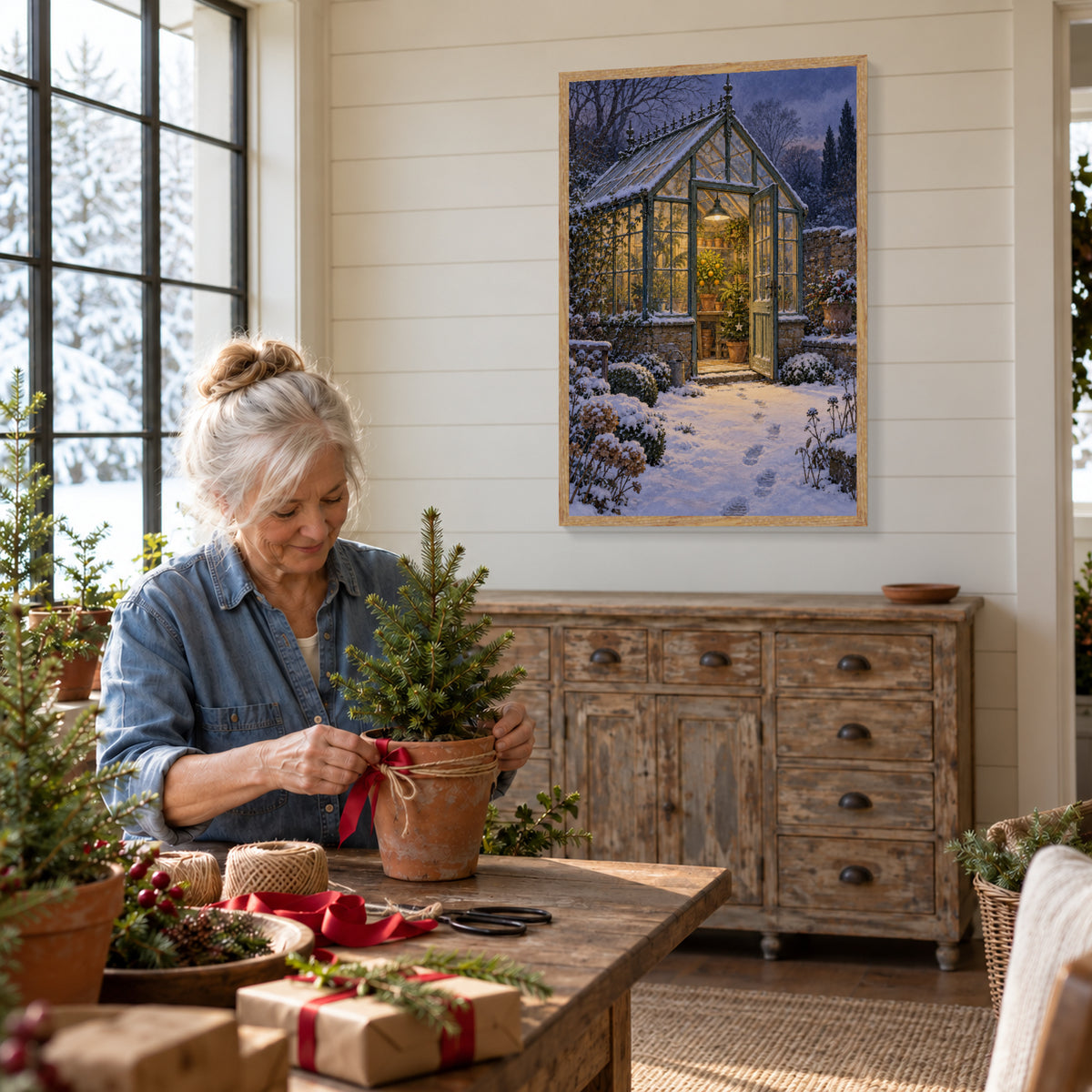 Winter in the Greenhouse — Light Wood Framed Christmas Canvas Wall Art — Second lifestyle view of the complete framed canvas — Image 2