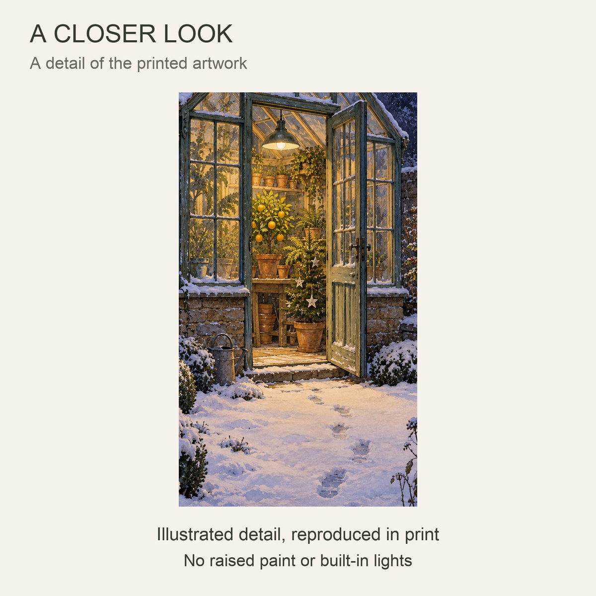 Winter in the Greenhouse — Light Wood Framed Christmas Canvas Wall Art — Close-up crop of the printed artwork — Image 4