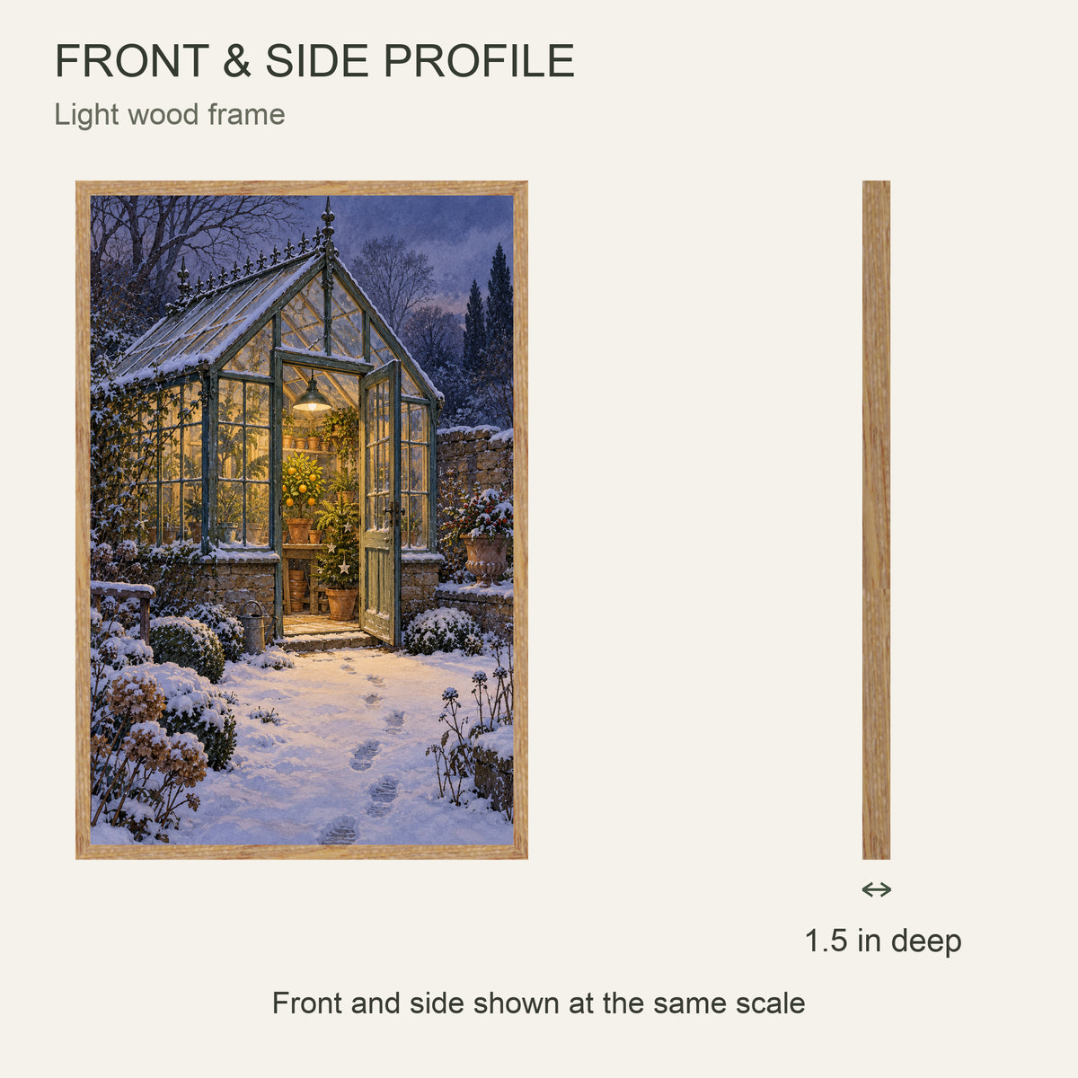 Winter in the Greenhouse — Light Wood Framed Christmas Canvas Wall Art — Front and side profile with 1.5-inch depth — Image 5