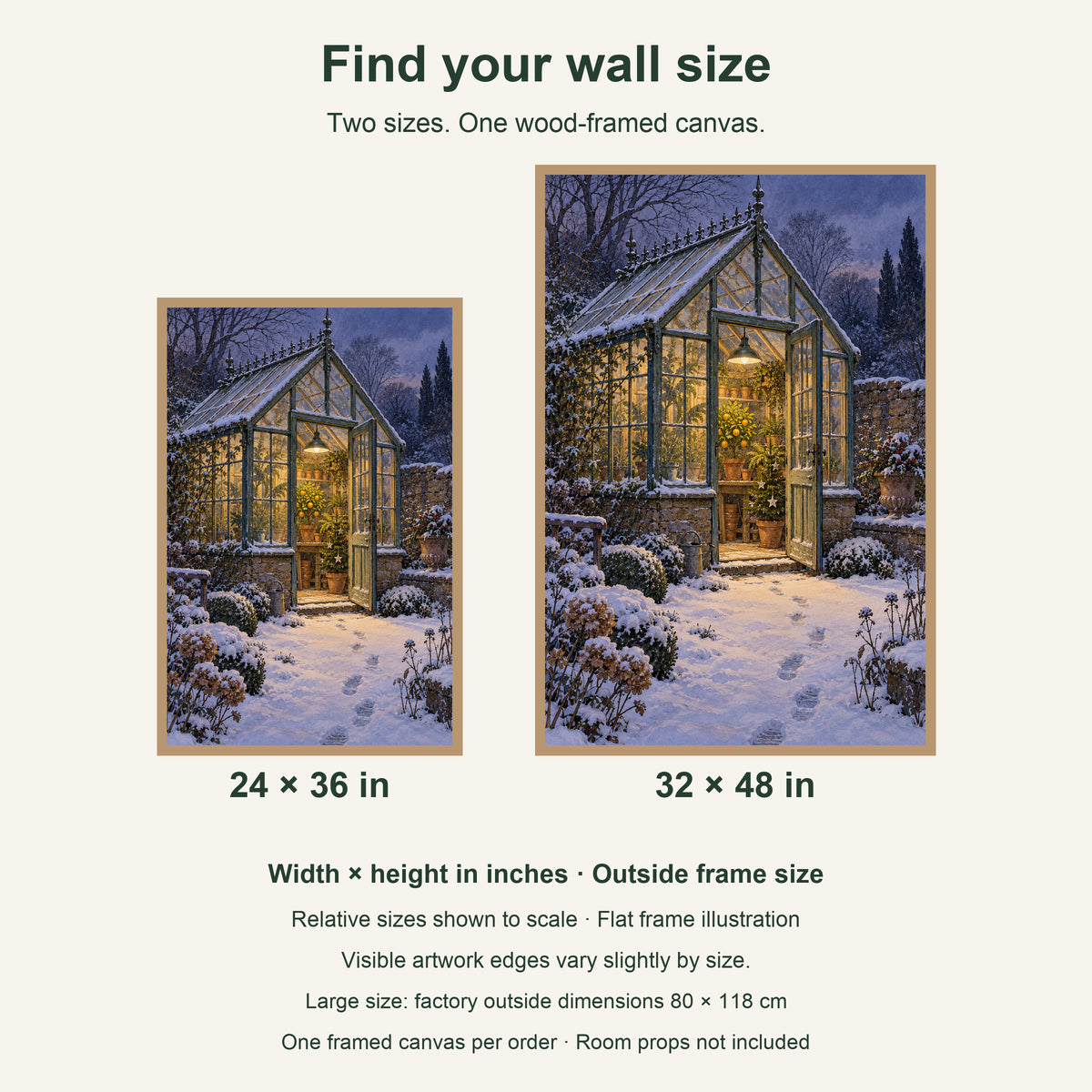 Winter in the Greenhouse — Light Wood Framed Christmas Canvas Wall Art — artwork size comparison, width × height in inches — Image 8