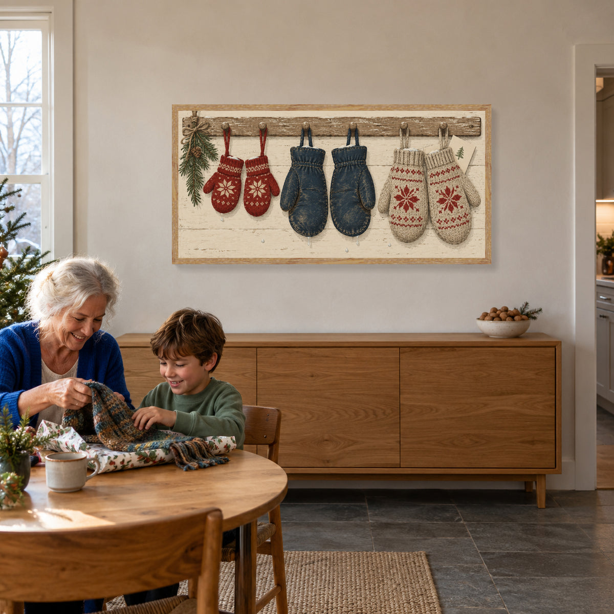 Every Mitten Found Its Match — Light Wood Framed Christmas Canvas Wall Art — Styled room view showing the complete framed canvas — Image 1