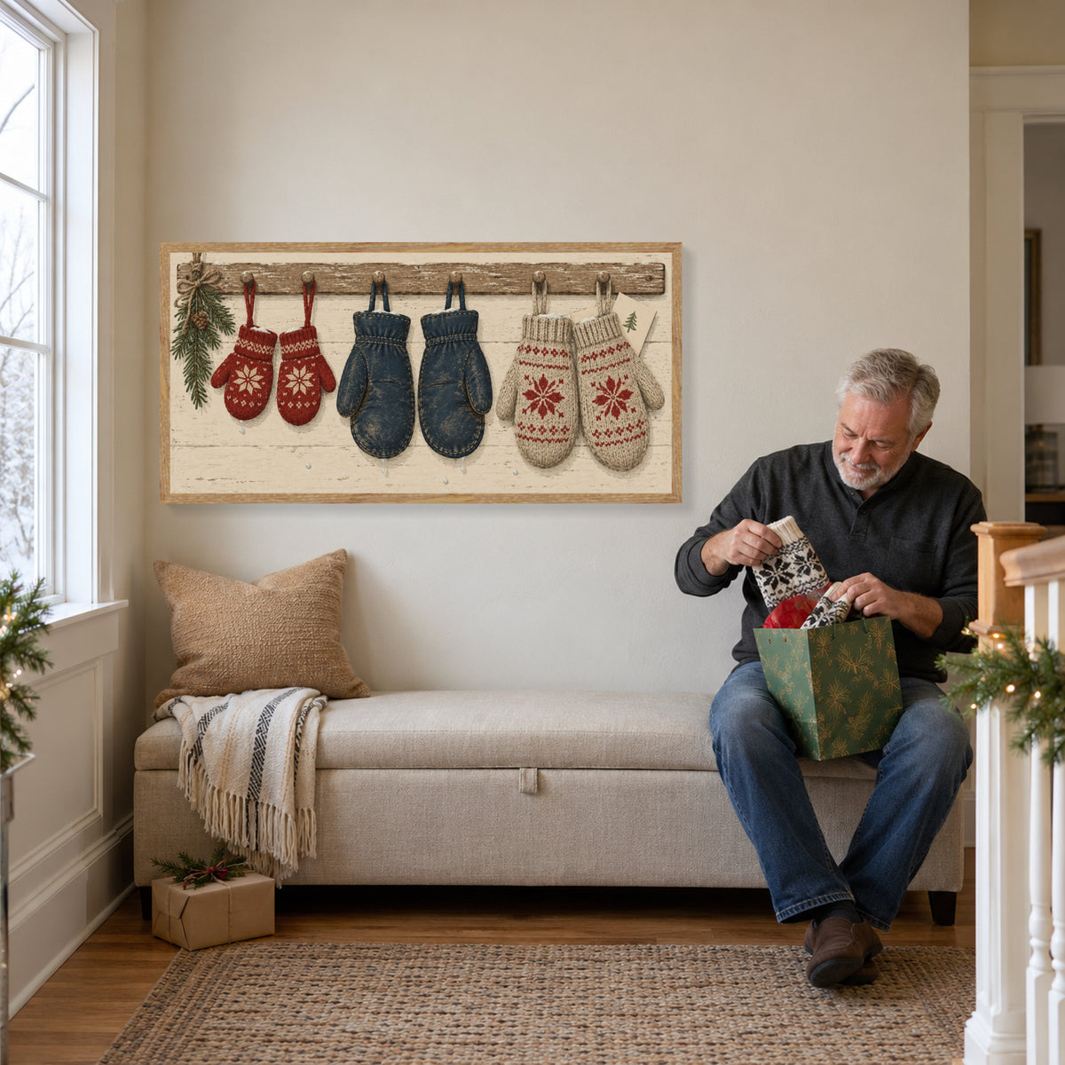 Every Mitten Found Its Match — Light Wood Framed Christmas Canvas Wall Art — Third lifestyle view of the complete framed canvas — Image 3