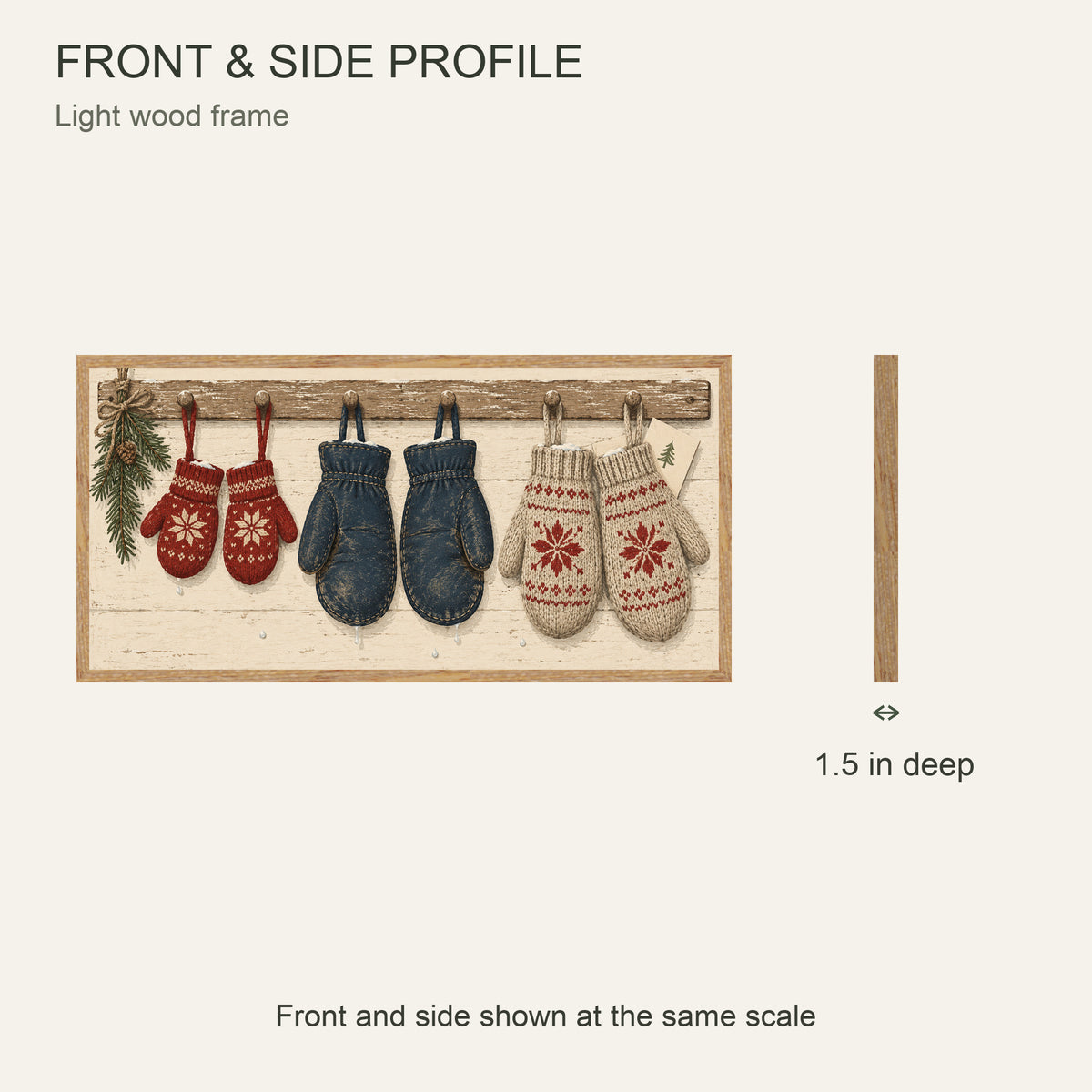 Every Mitten Found Its Match — Light Wood Framed Christmas Canvas Wall Art — Front and side profile with 1.5-inch depth — Image 5