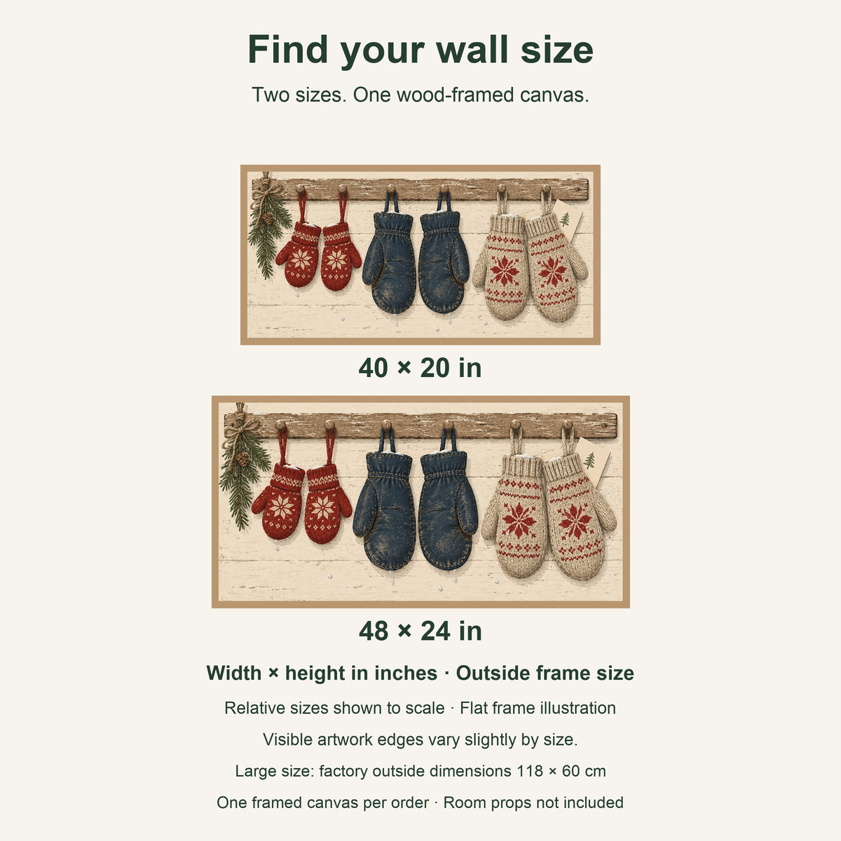 Every Mitten Found Its Match — Light Wood Framed Christmas Canvas Wall Art — artwork size comparison, width × height in inches — Image 8