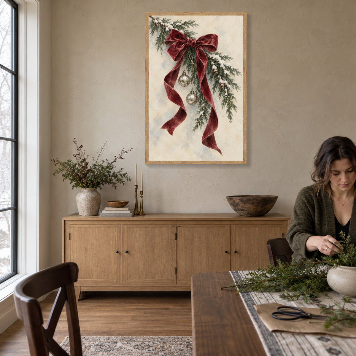 Christmas Bow Framed Canvas Wall Art, Burgundy Ribbon and Evergreen Branches, Light Wood Frame, 24 x 36 Inches — Third lifestyle view of complete artwork — Image 3