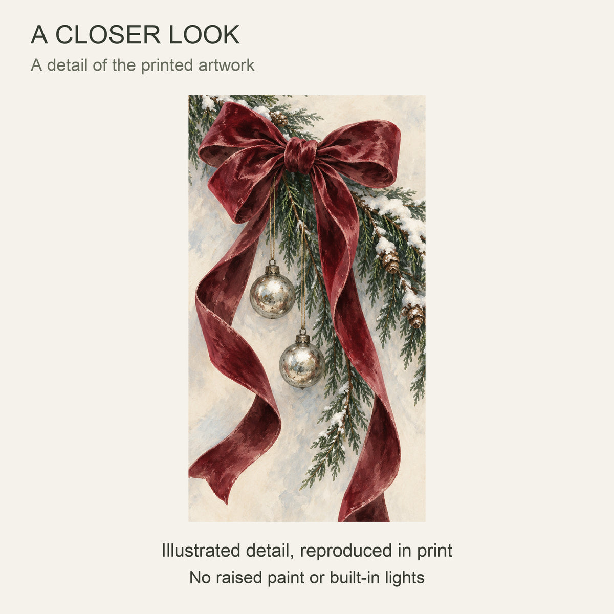 Christmas Bow Framed Canvas Wall Art, Burgundy Ribbon and Evergreen Branches, Light Wood Frame, 24 x 36 Inches — Close-up crop of printed artwork — Image 4