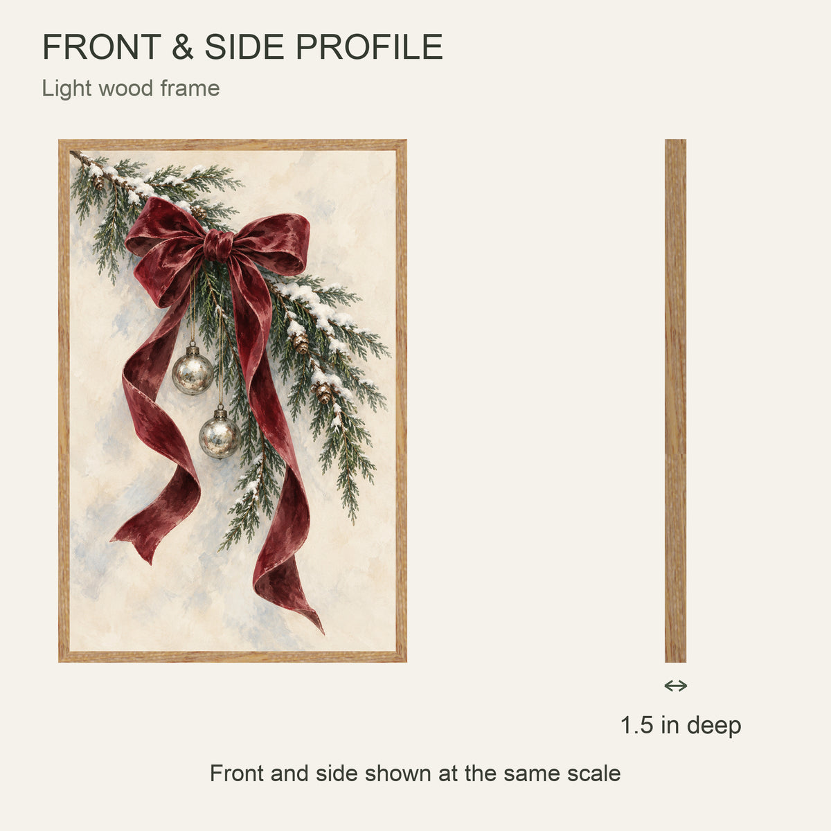 Christmas Bow Framed Canvas Wall Art, Burgundy Ribbon and Evergreen Branches, Light Wood Frame, 24 x 36 Inches — Front and side profile with 1.5-inch depth — Image 5
