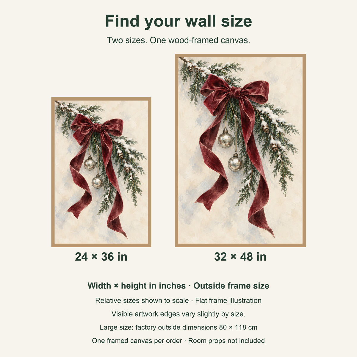 Christmas Bow Framed Canvas Wall Art, Burgundy Ribbon and Evergreen Branches, Light Wood Frame, 24 x 36 Inches — artwork size comparison, width × height in inches — Image 8