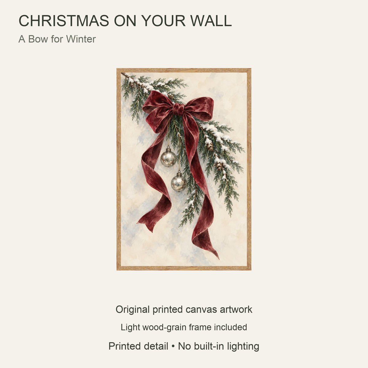Christmas Bow Framed Canvas Wall Art, Burgundy Ribbon and Evergreen Branches, Light Wood Frame, 24 x 36 Inches — Artwork theme and product configuration — Image 9