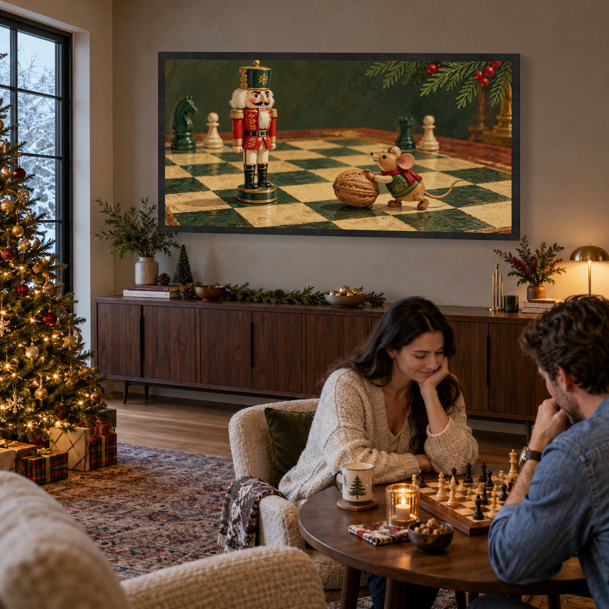 Nutcracker Christmas Framed Canvas Wall Art, Mouse and Walnut Chess Scene, Black Wood Frame, 40 x 20 Inches — Complete artwork in a styled room — Image 1