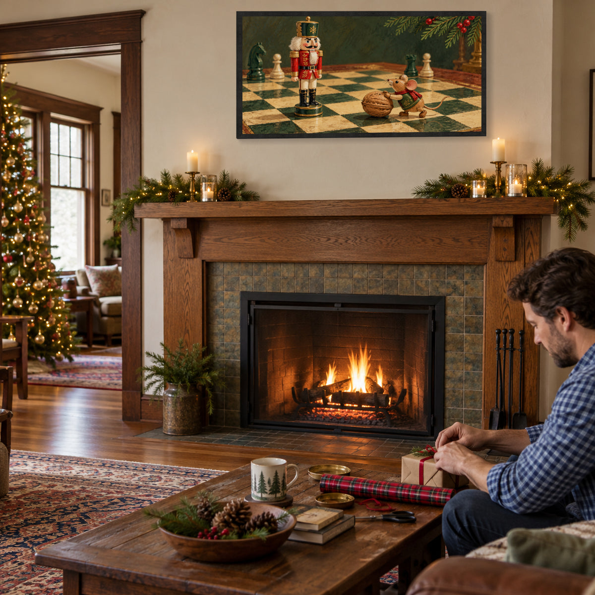 Nutcracker Christmas Framed Canvas Wall Art, Mouse and Walnut Chess Scene, Black Wood Frame, 40 x 20 Inches — Third lifestyle view of complete artwork — Image 3