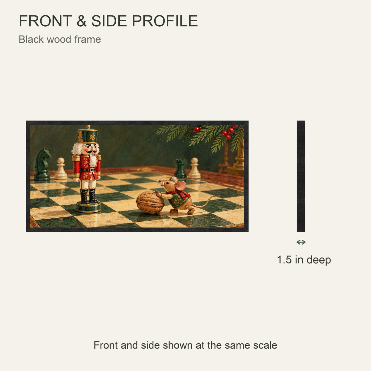 Nutcracker Christmas Framed Canvas Wall Art, Mouse and Walnut Chess Scene, Black Wood Frame, 40 x 20 Inches — Front and side profile with 1.5-inch depth — Image 5