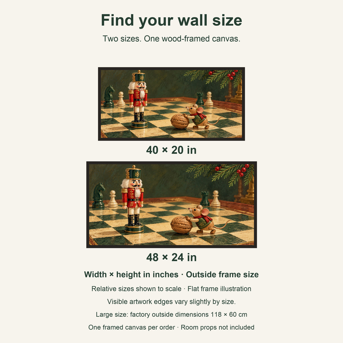 Nutcracker Christmas Framed Canvas Wall Art, Mouse and Walnut Chess Scene, Black Wood Frame, 40 x 20 Inches — artwork size comparison, width × height in inches — Image 8