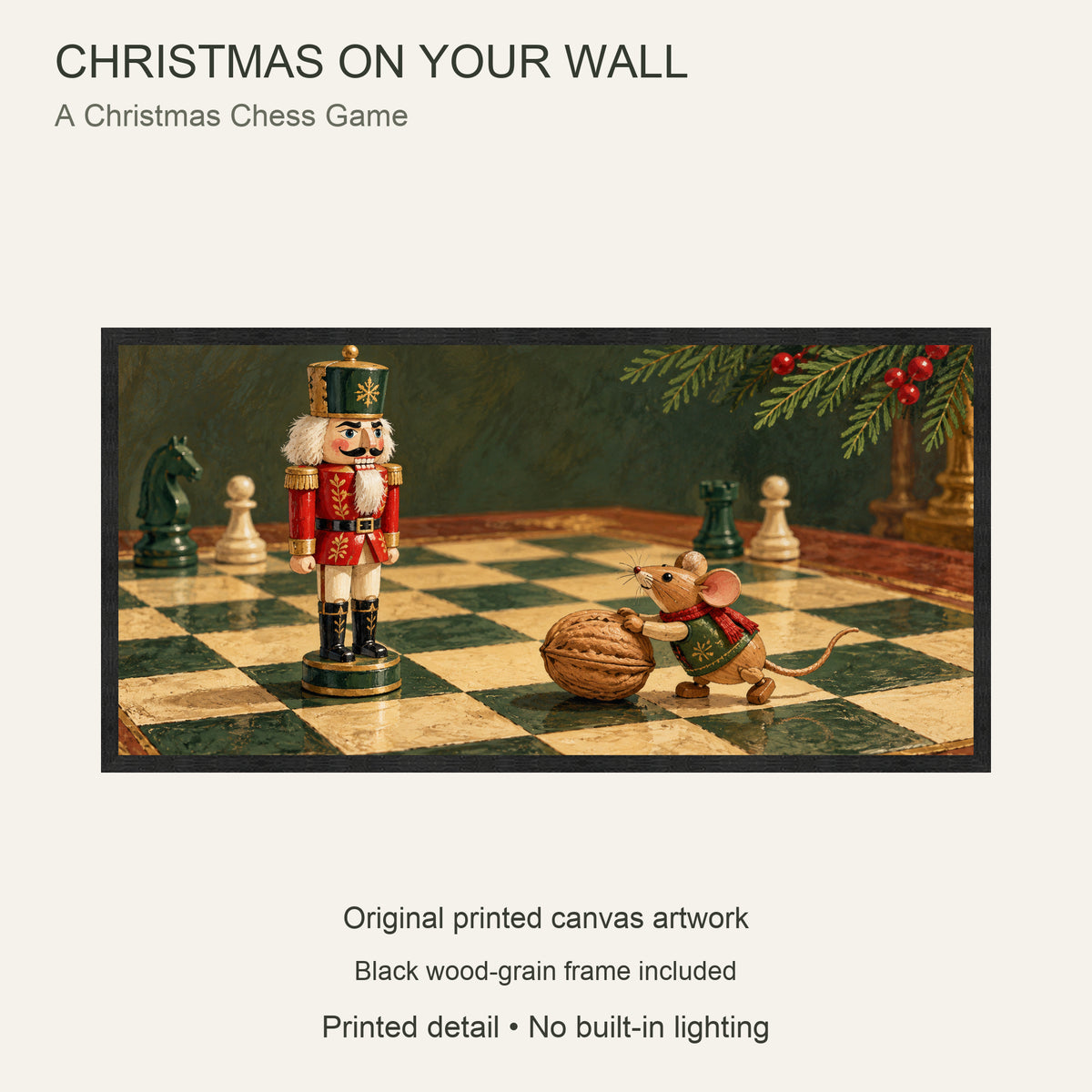 Nutcracker Christmas Framed Canvas Wall Art, Mouse and Walnut Chess Scene, Black Wood Frame, 40 x 20 Inches — Artwork theme and product configuration — Image 9