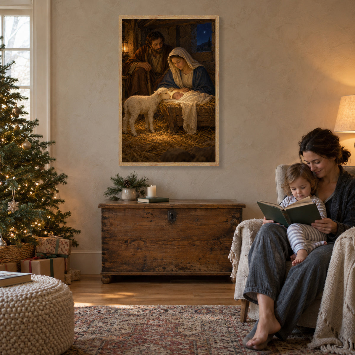 Nativity Framed Canvas Wall Art, Holy Family and Lamb Christmas Scene, Light Wood Frame, 24 x 36 Inches — Complete artwork in a styled room — Image 1