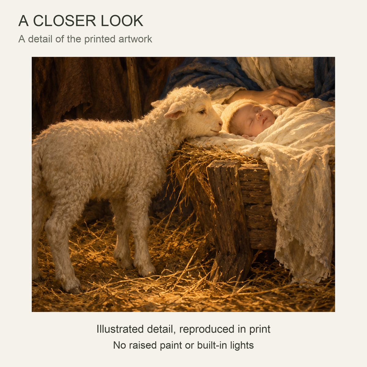 Nativity Framed Canvas Wall Art, Holy Family and Lamb Christmas Scene, Light Wood Frame, 24 x 36 Inches — Close-up crop of printed artwork — Image 4