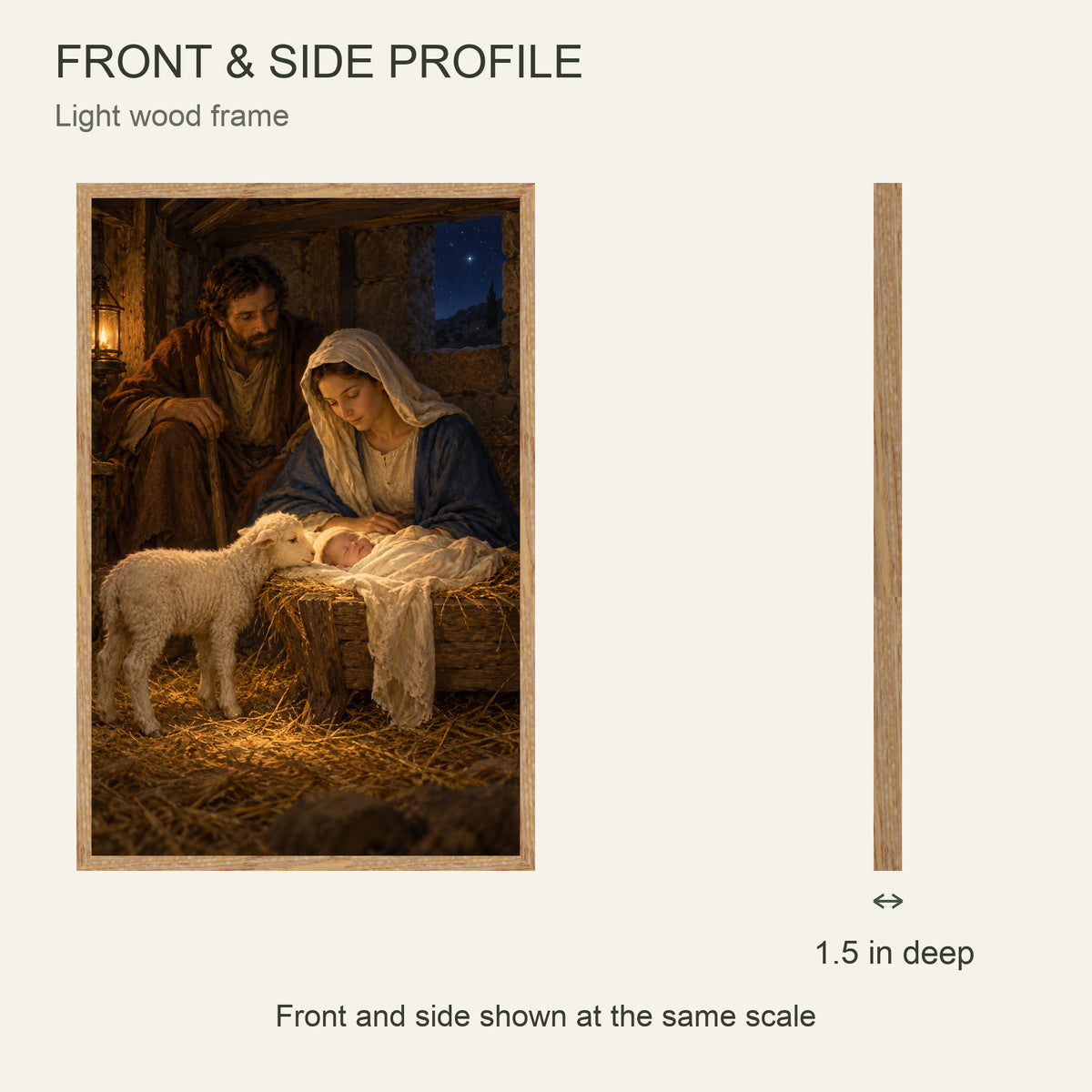 Nativity Framed Canvas Wall Art, Holy Family and Lamb Christmas Scene, Light Wood Frame, 24 x 36 Inches — Front and side profile with 1.5-inch depth — Image 5