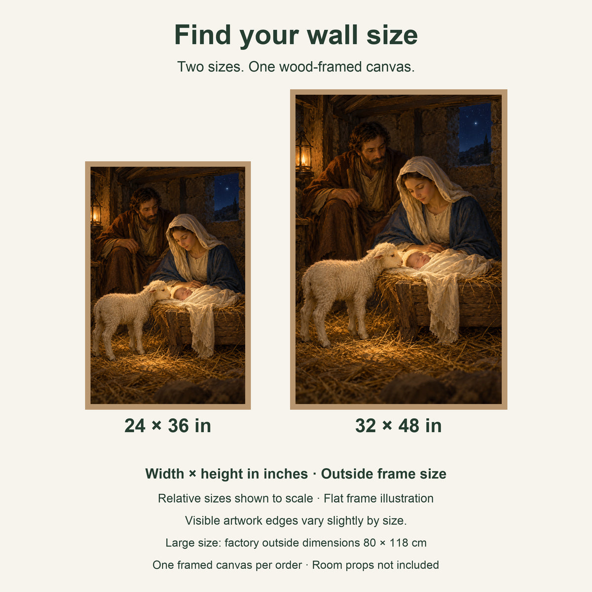 Nativity Framed Canvas Wall Art, Holy Family and Lamb Christmas Scene, Light Wood Frame, 24 x 36 Inches — artwork size comparison, width × height in inches — Image 8