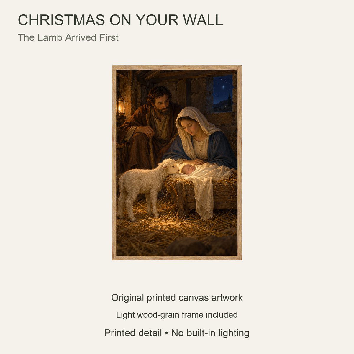 Nativity Framed Canvas Wall Art, Holy Family and Lamb Christmas Scene, Light Wood Frame, 24 x 36 Inches — Artwork theme and product configuration — Image 9