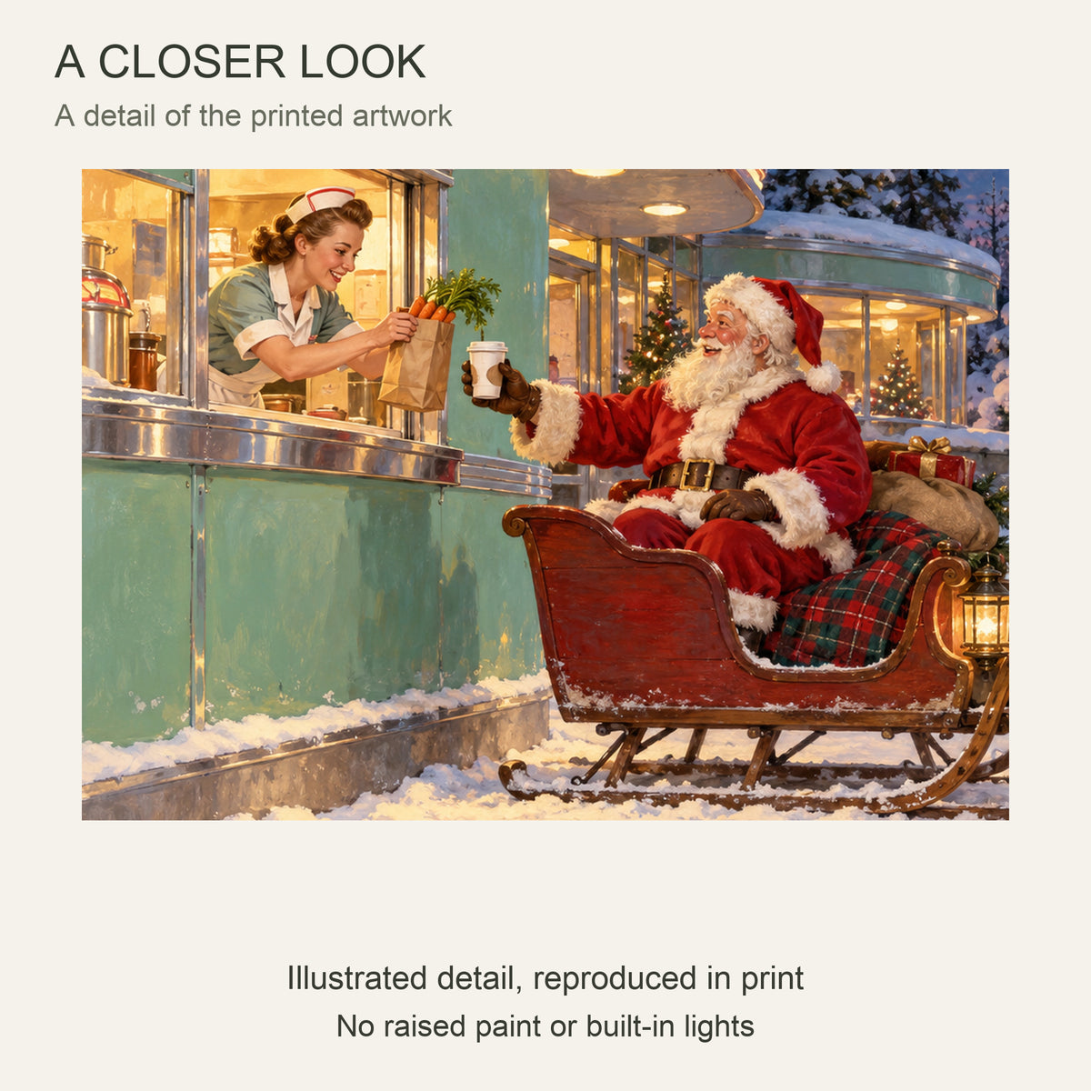 Santa and Reindeer Framed Canvas Wall Art, Christmas Diner Pickup Scene, Black Wood Frame, 40 x 20 Inches — Close-up crop of printed artwork — Image 4