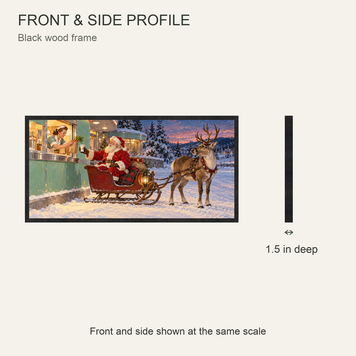 Santa and Reindeer Framed Canvas Wall Art, Christmas Diner Pickup Scene, Black Wood Frame, 40 x 20 Inches — Front and side profile with 1.5-inch depth — Image 5