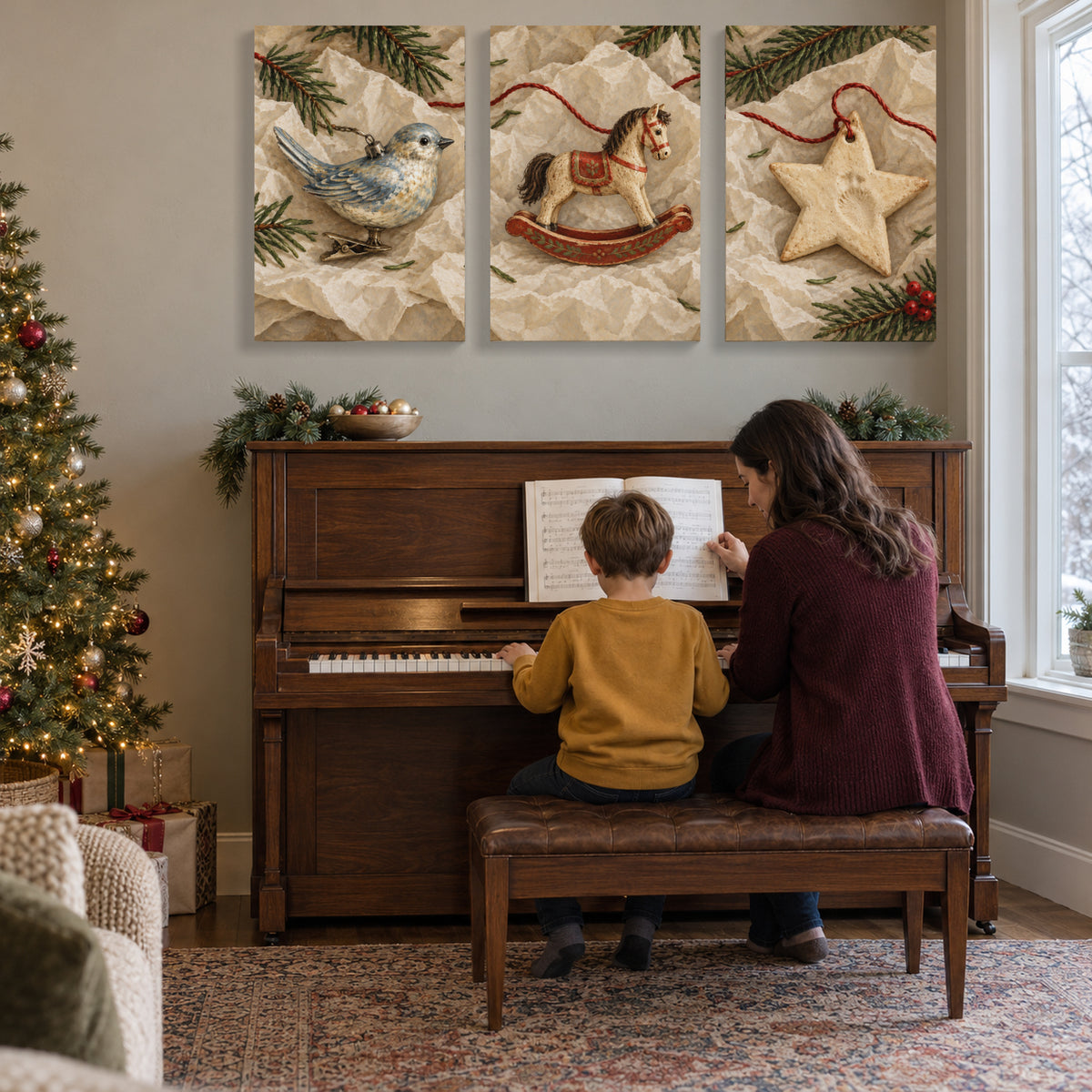 Christmas Ornament Canvas Wall Art Set of 3, Bird Rocking Horse and Star, Each 16 x 24 Inches, No Outer Frame — Second lifestyle view of complete artwork — Image 2