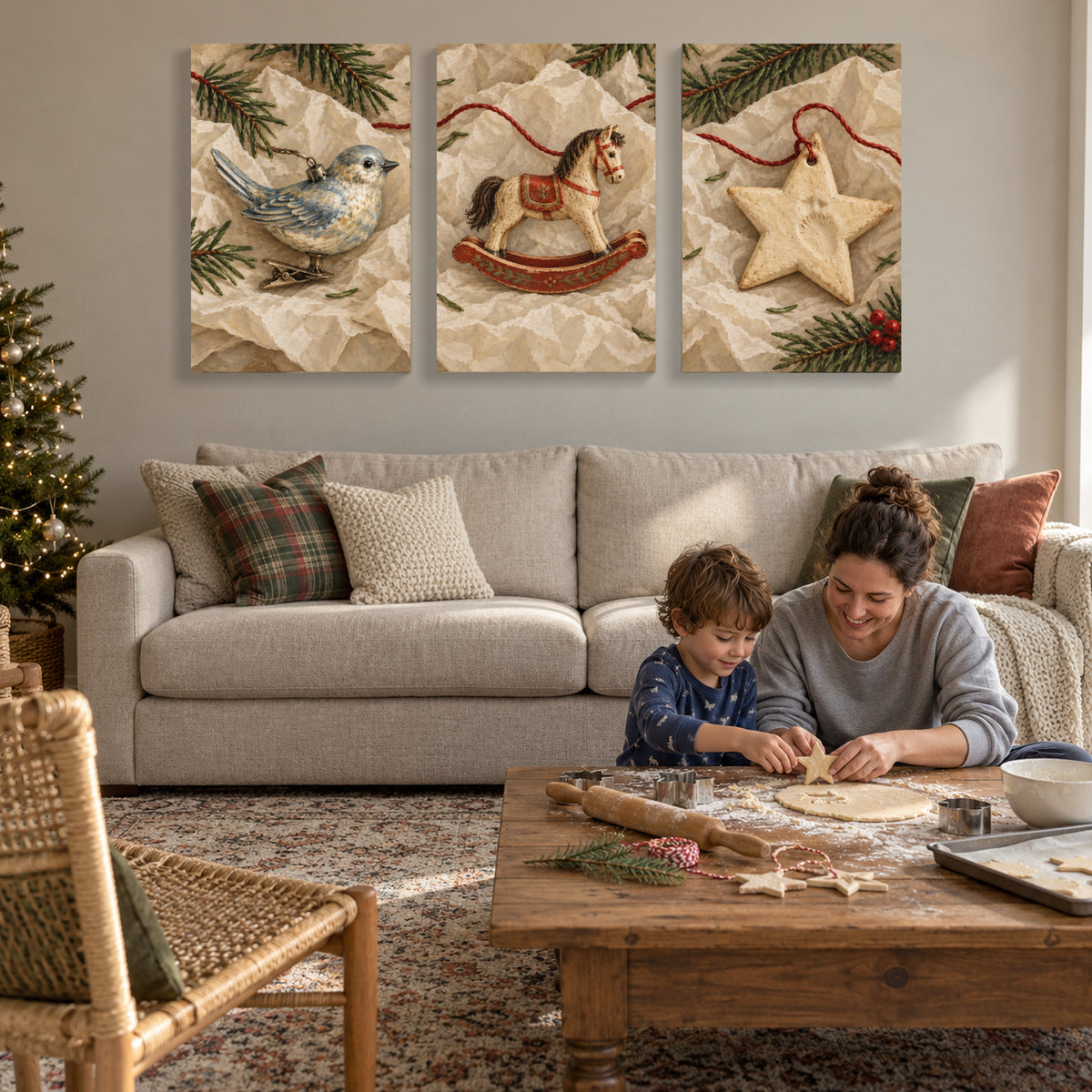 Christmas Ornament Canvas Wall Art Set of 3, Bird Rocking Horse and Star, Each 16 x 24 Inches, No Outer Frame — Third lifestyle view of complete artwork — Image 3