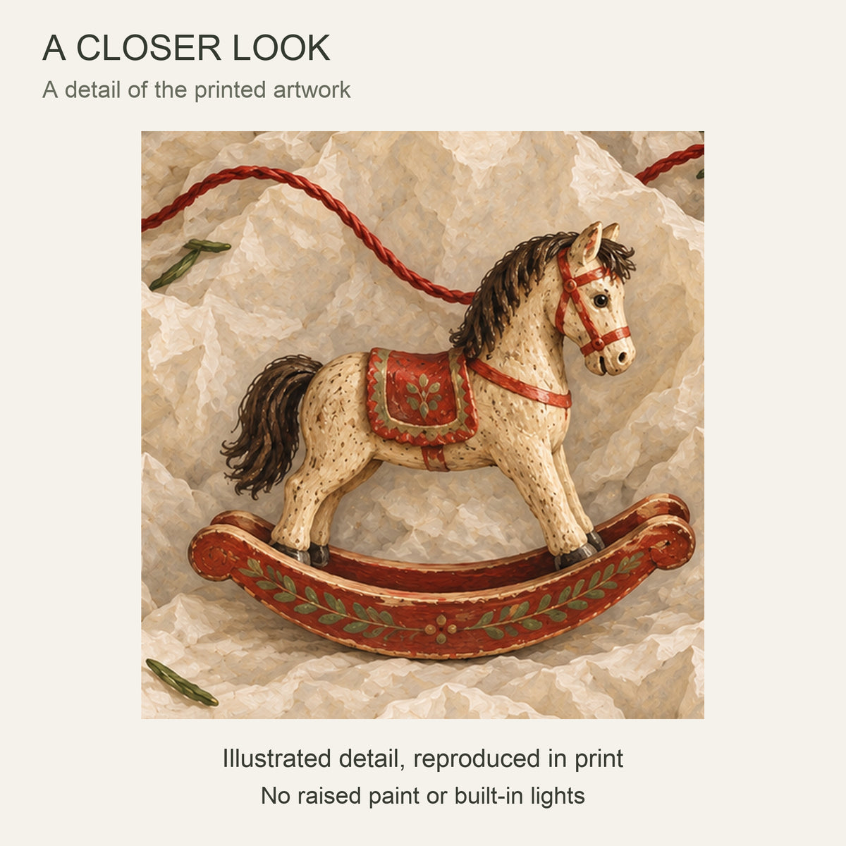 Christmas Ornament Canvas Wall Art Set of 3, Bird Rocking Horse and Star, Each 16 x 24 Inches, No Outer Frame — Close-up crop of printed artwork — Image 4