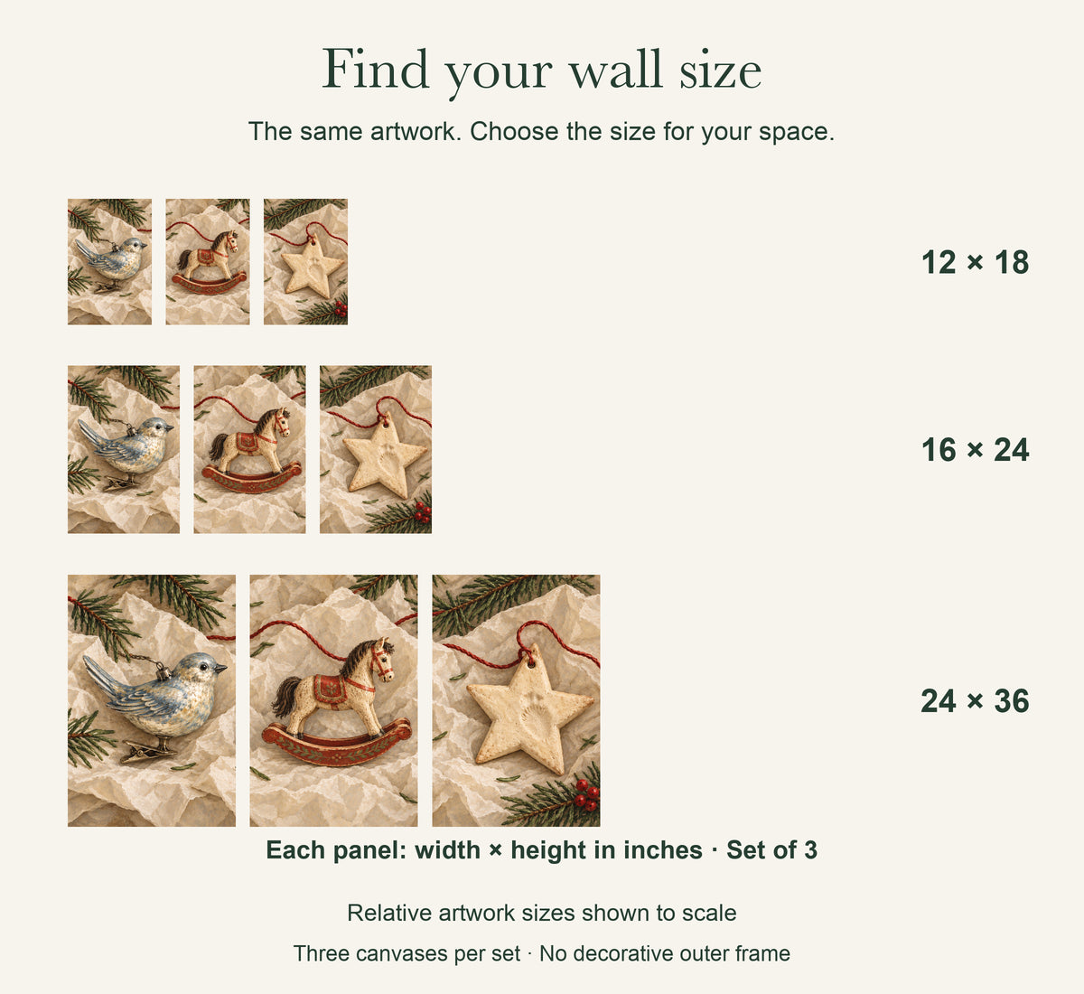 Christmas Ornament Canvas Wall Art Set of 3, Bird Rocking Horse and Star, Each 16 x 24 Inches, No Outer Frame — artwork size comparison, width × height in inches, dimensions per panel, set of 3 — Image 8