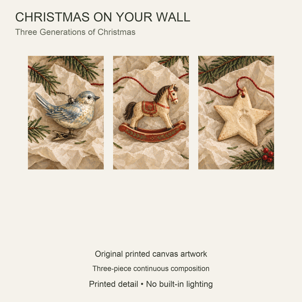 Christmas Ornament Canvas Wall Art Set of 3, Bird Rocking Horse and Star, Each 16 x 24 Inches, No Outer Frame — Artwork theme and product configuration — Image 9
