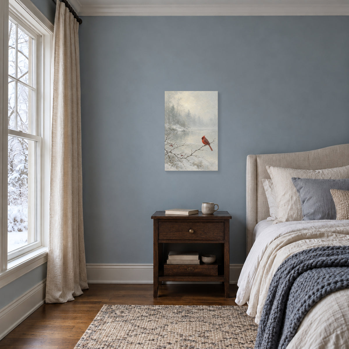 A Cardinal in the First Snow — Gallery-Wrapped Canvas Wall Art — Second winter room setting, 16 by 24 inch canvas — Image 3