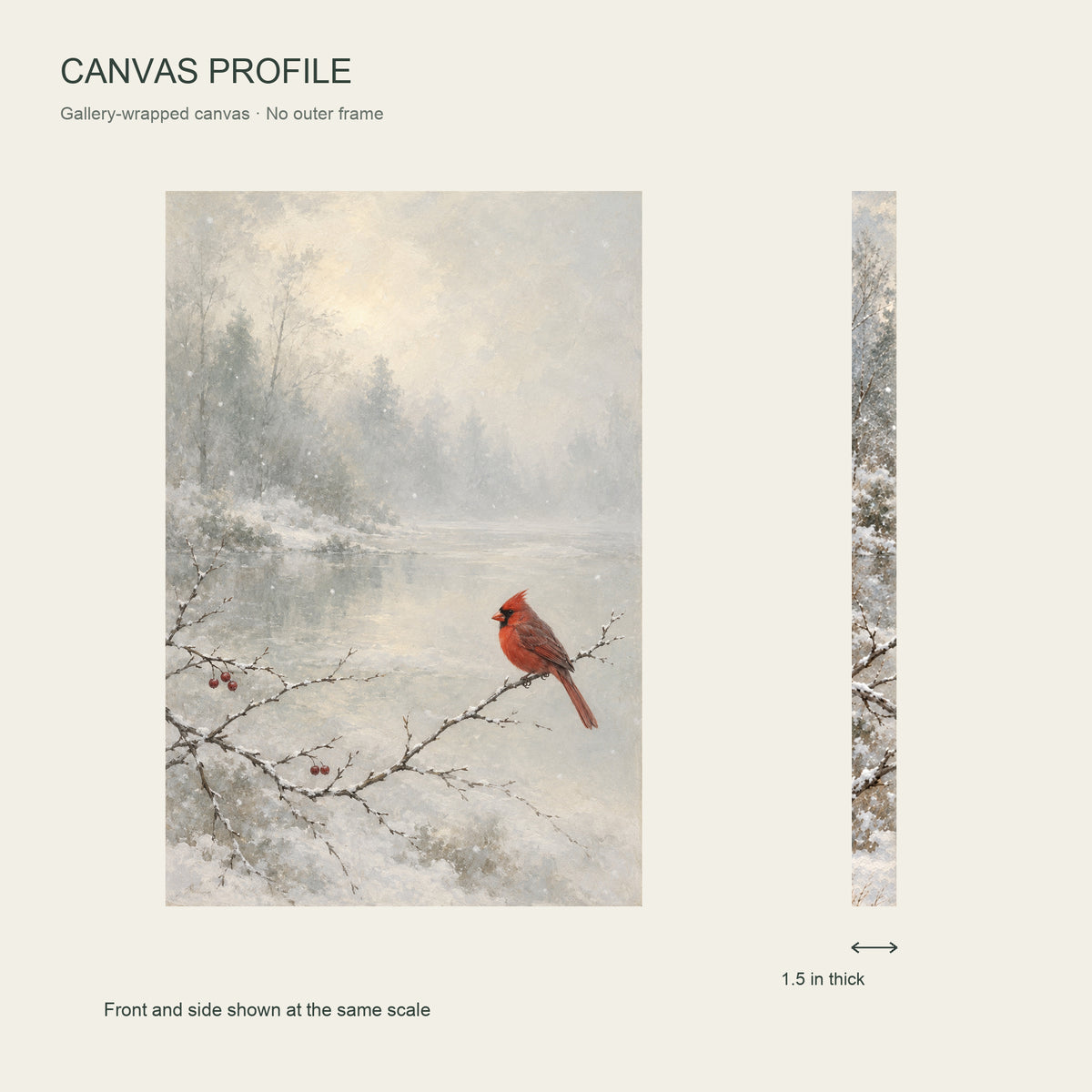A Cardinal in the First Snow — Gallery-Wrapped Canvas Wall Art — Front and 1.5 inch canvas side profile — Image 5