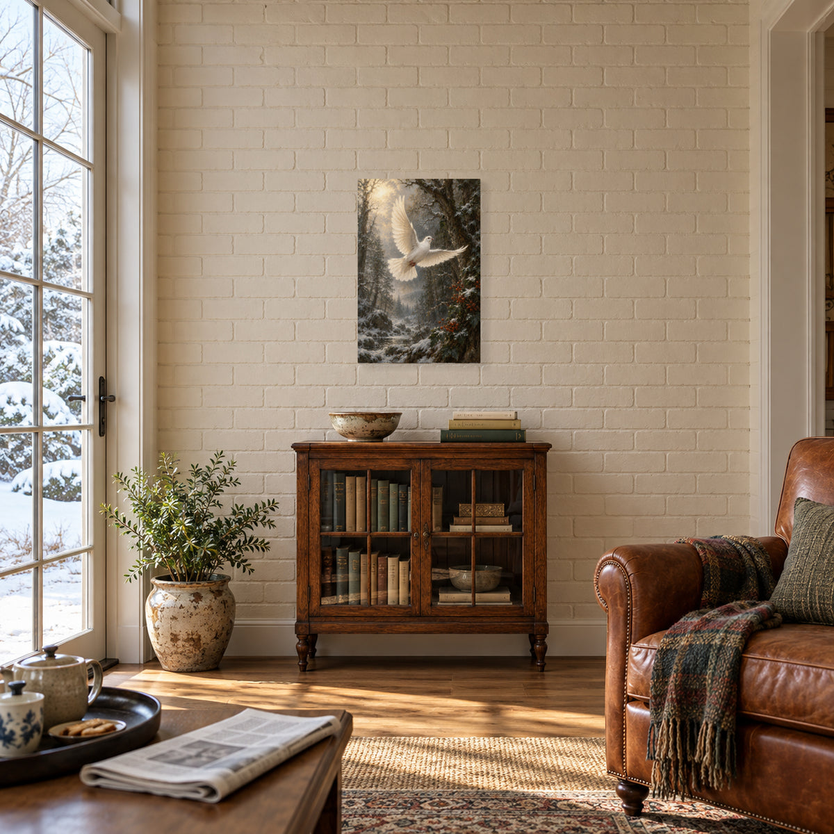 White Wings in the Winter Grove — Gallery-Wrapped Canvas Wall Art — Second winter room setting, 16 by 24 inch canvas — Image 3