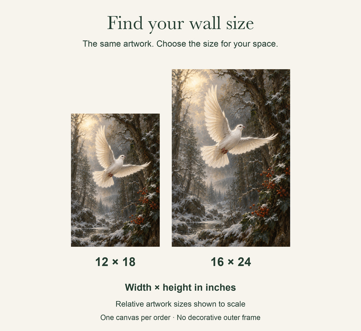 White Wings in the Winter Grove — Gallery-Wrapped Canvas Wall Art — artwork size comparison, width × height in inches — Image 7