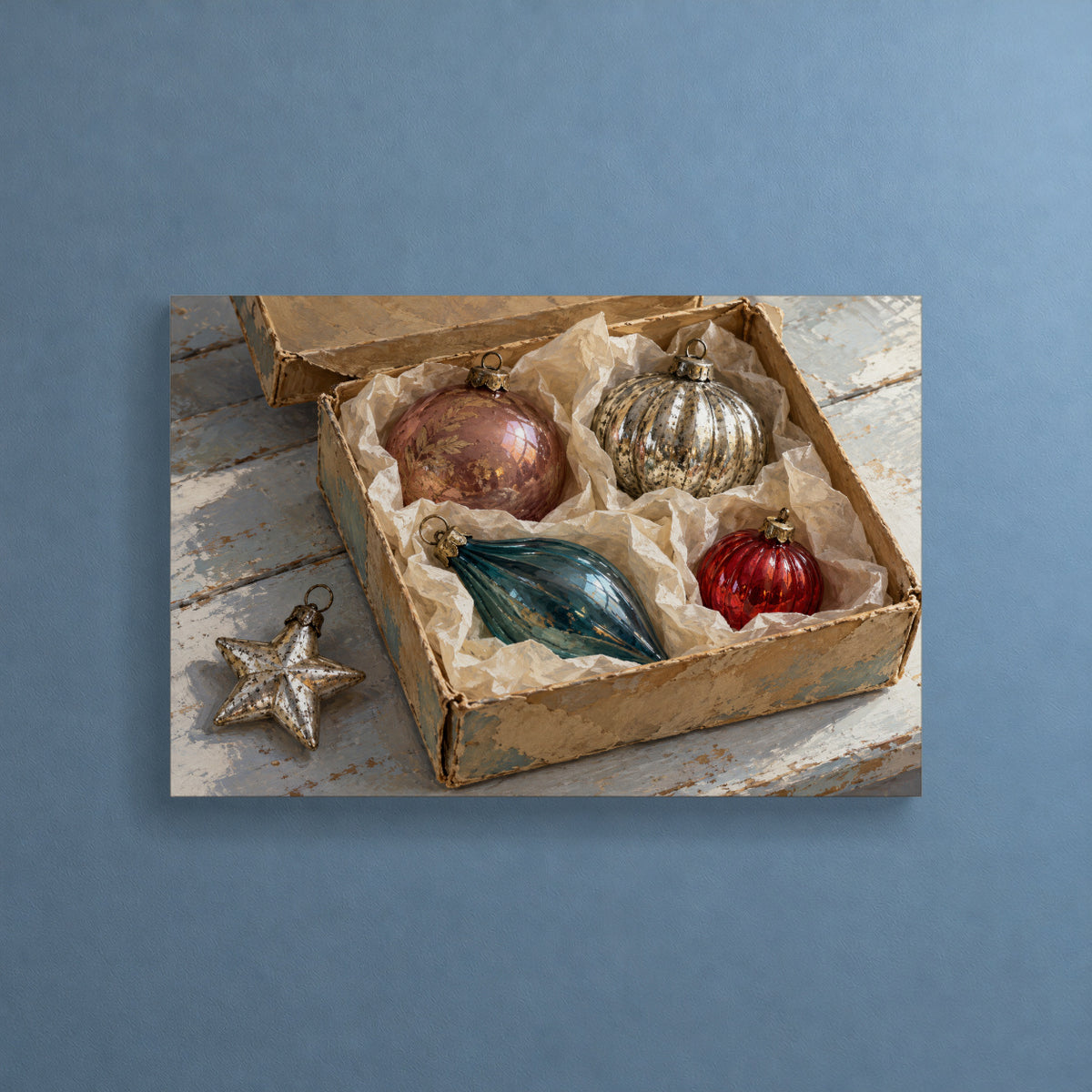 Unpacking Christmas Memories — Christmas Canvas Wall Art — Complete original artwork on a softly lit wall — Image 1
