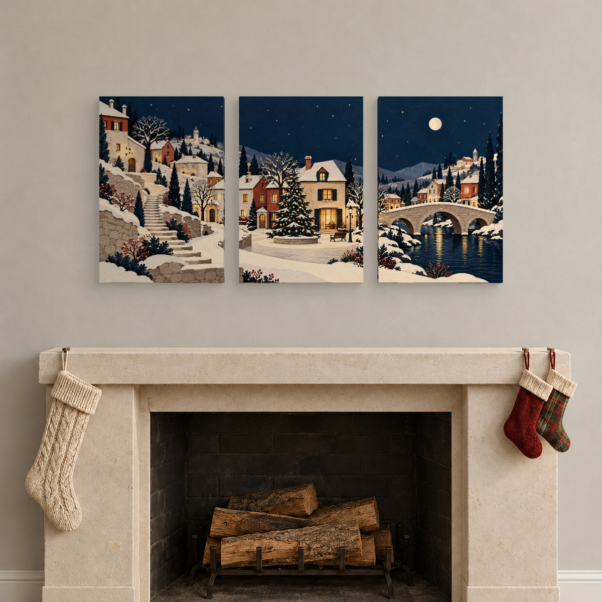 A Paper Christmas Village — Christmas 3-Piece Canvas Wall Art Set — Complete artwork in a themed lifestyle setting — Image 2