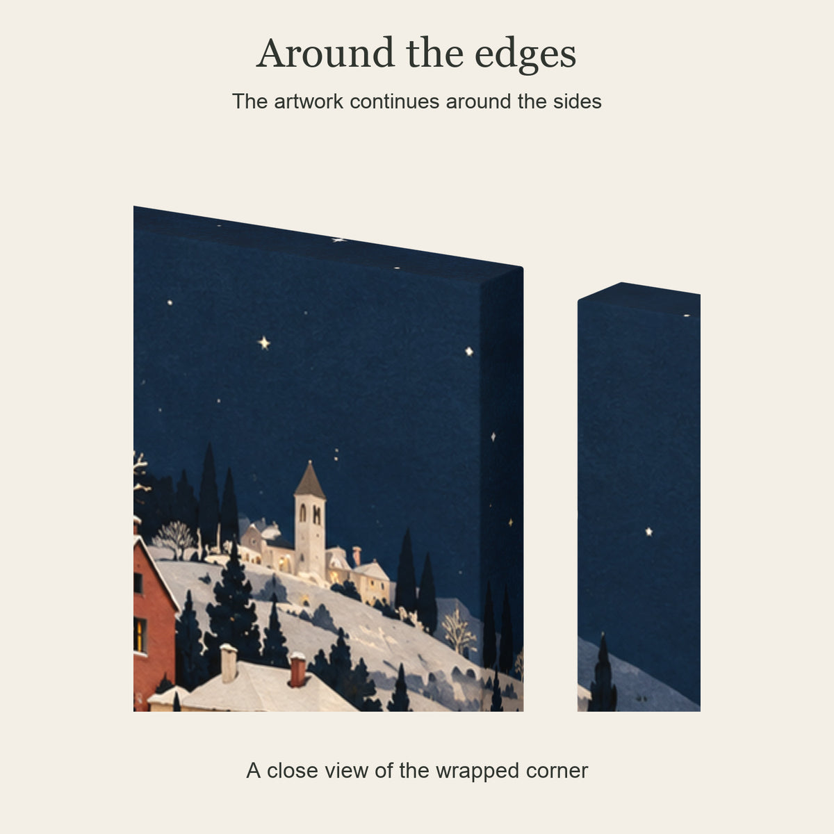 A Paper Christmas Village — Christmas 3-Piece Canvas Wall Art Set — Continuous wrapped canvas corner detail, no outer frame — Image 6